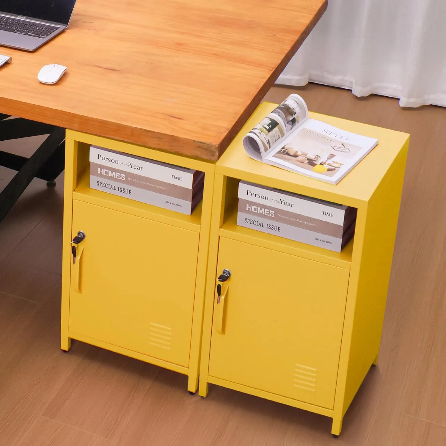 ALBAD Compact Metal Nightstand with Lockable Cabinet and Open Shelf, Modern Bedside Table, Versatile Side Table for Bedroom, Living Room, or Office (Yellow, 26" H-Lockable Door)