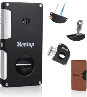 All-in-one Jet Torch Lighter with Built-in V Cutter, Punch, Gas Window, Leather case, Luxurious Gifts for Men, Adjustable Windproof Butane Refillable Cool Lighters for Outdoors, Travel, Candles