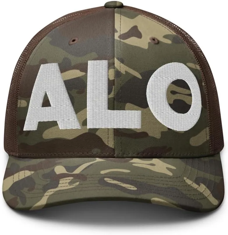 ALO Airport Hat (Embroidered Camouflage Trucker Cap) Flying to Waterloo Airport Gift