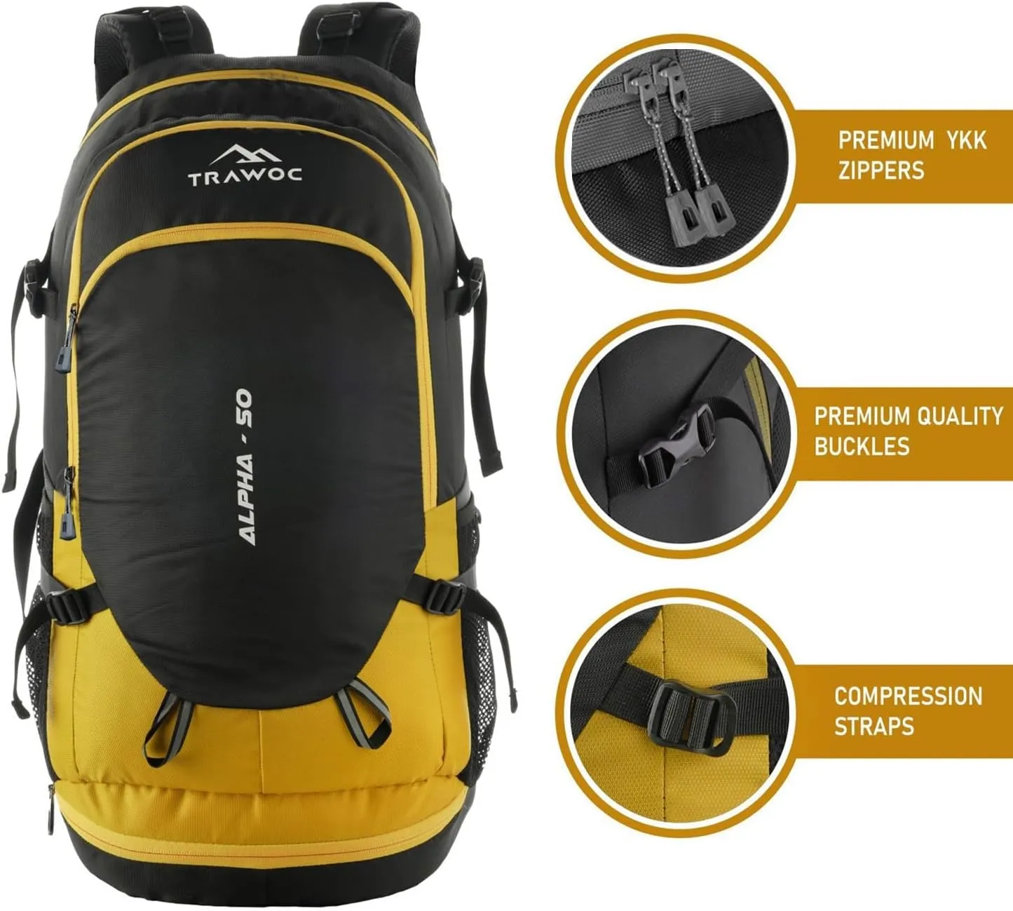ALPHA 50 Litre Travel Backpack Water Resistant Daypack Bag for Cycling Trekking Hiking Camping for Men & Women, Yellow