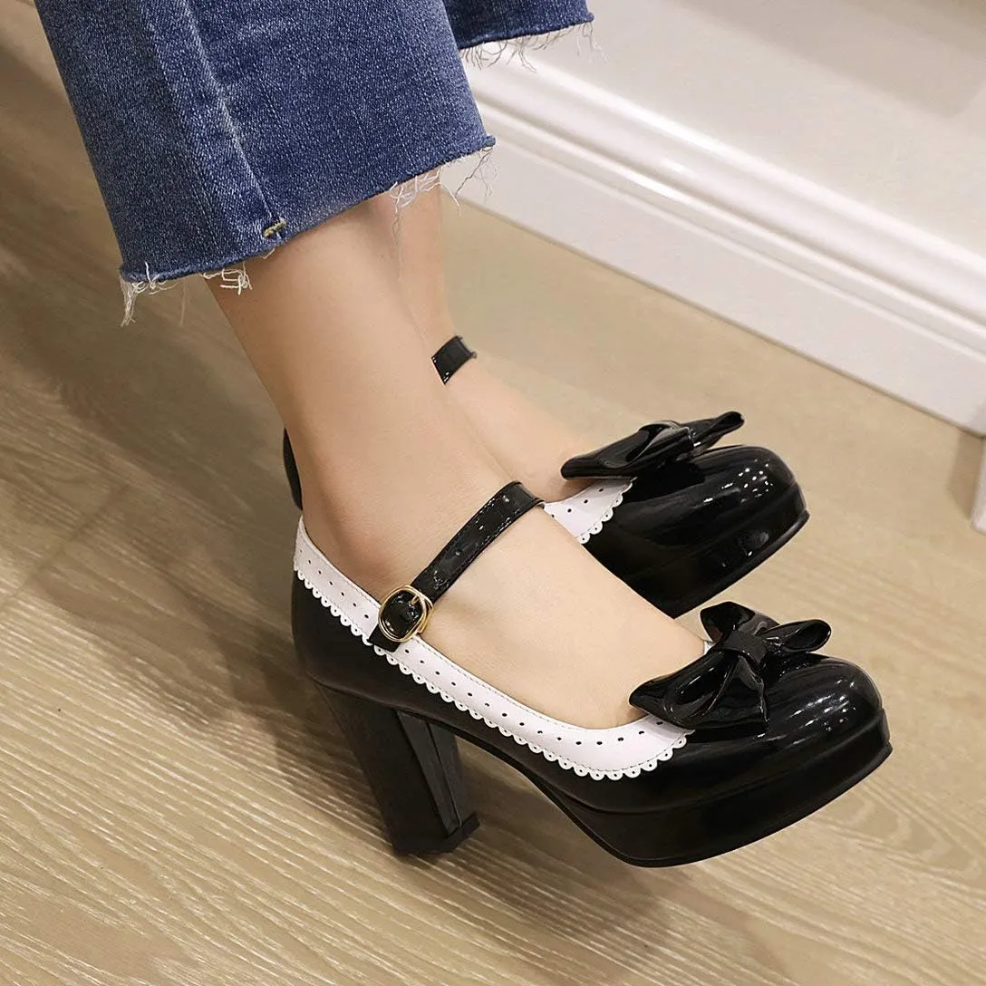 Alsoloveu Women Lolita Mary Janes Platform Pumps Chunky Heel Patent Leather with Ankle Strap