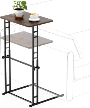 Alyoen TV Tray Table Adjustable Height, C Shaped End Table for Couches, Small Sofa-Side Laptop Desk with Metal Frame for Living Room, Bedroom, Rustic Brown