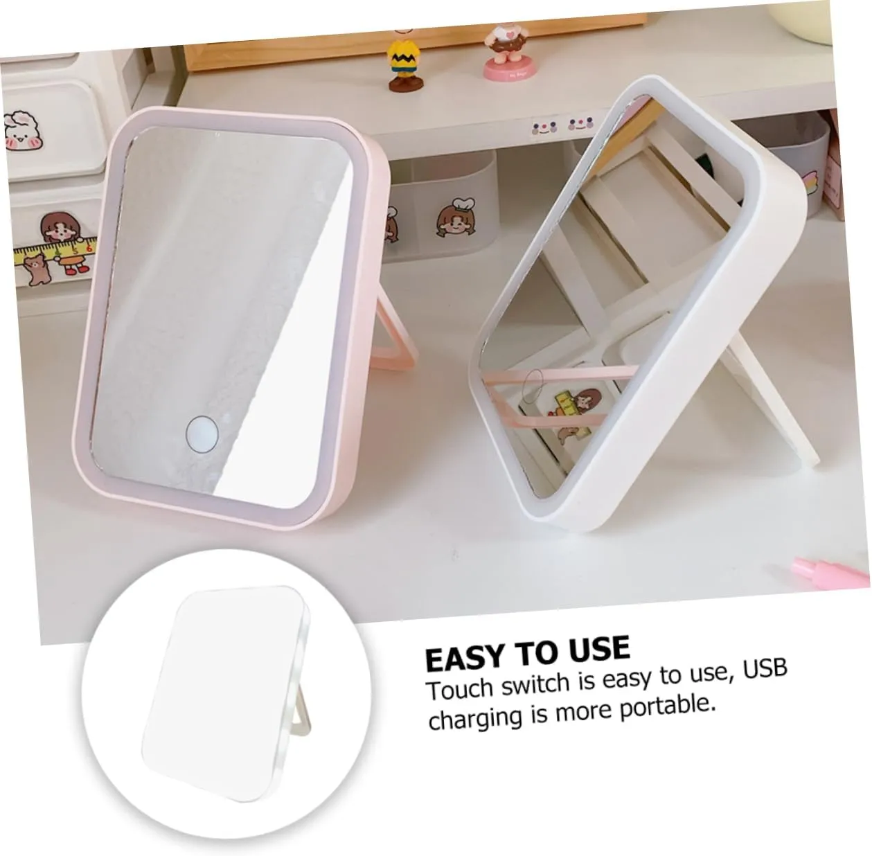 Angoily Portable Makeup Mirror 3 LED Lights Compact Folding Touch Control Charging for Travel