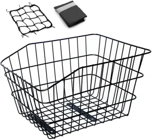 ANZOME Rear Bike Basket, Waterproof Metal Wire Bicycle Basket with Adjustable Cargo Net and Waterproof Rainproof Cover Fits to Most Rear Bike Racks