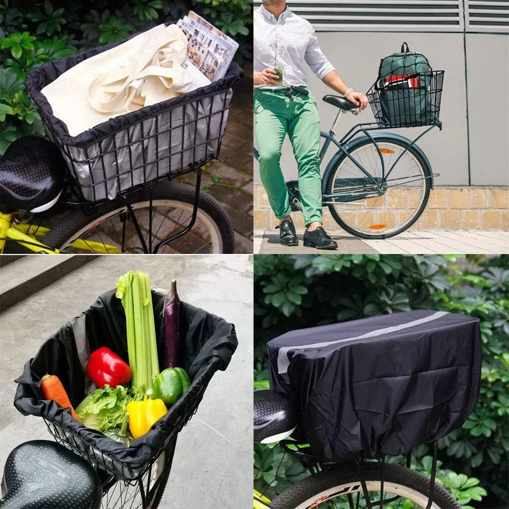 ANZOME Rear Bike Basket, Waterproof Metal Wire Bicycle Basket with Adjustable Cargo Net and Waterproof Rainproof Cover Fits to Most Rear Bike Racks