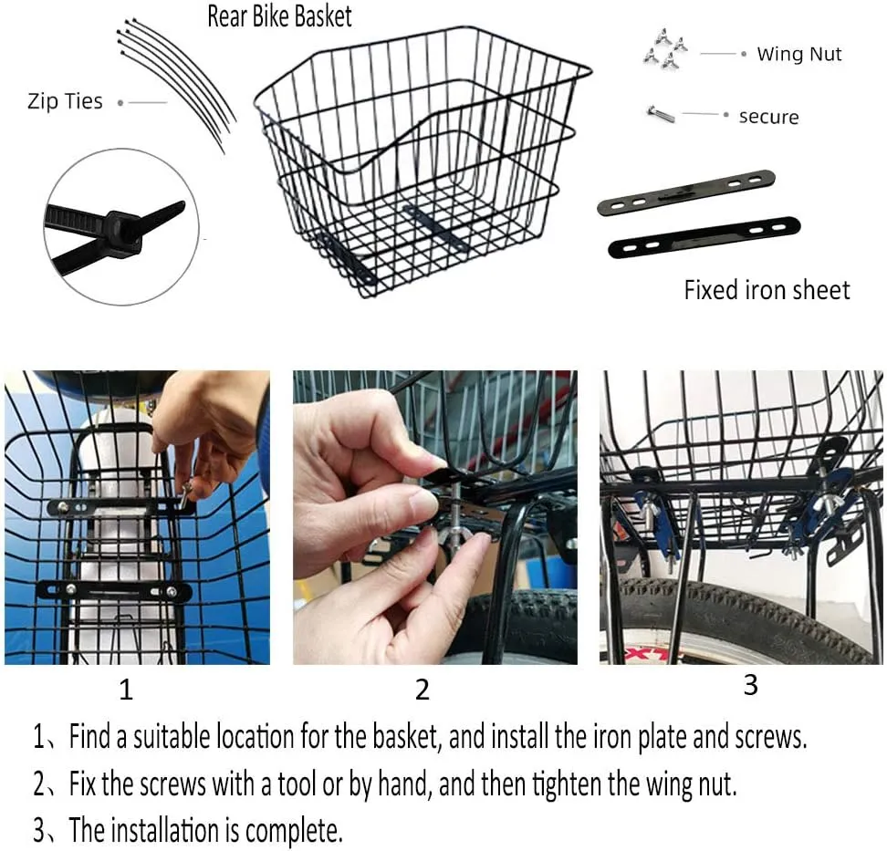 ANZOME Rear Bike Basket, Waterproof Metal Wire Bicycle Basket with Adjustable Cargo Net and Waterproof Rainproof Cover Fits to Most Rear Bike Racks