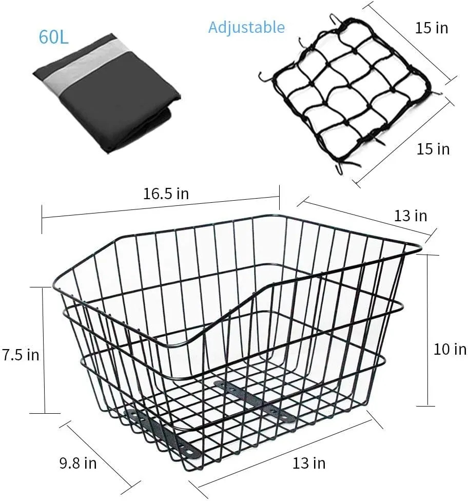 ANZOME Rear Bike Basket, Waterproof Metal Wire Bicycle Basket with Adjustable Cargo Net and Waterproof Rainproof Cover Fits to Most Rear Bike Racks