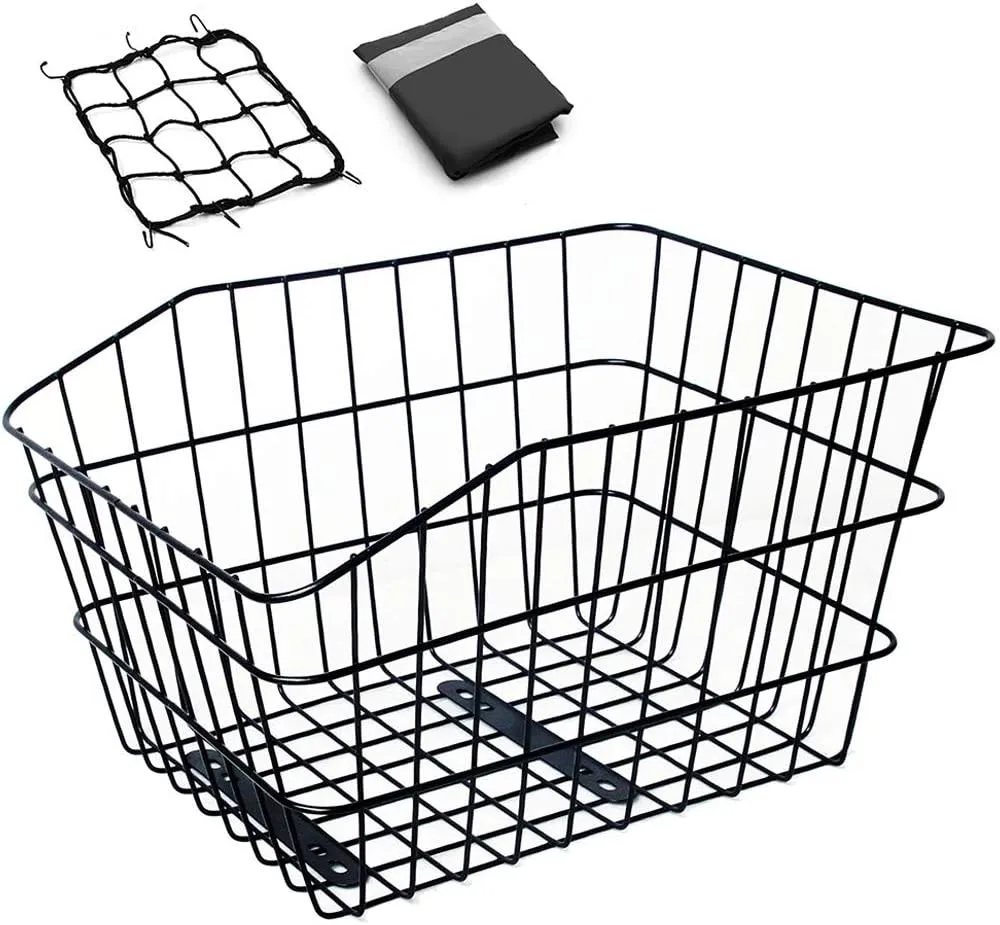 ANZOME Rear Bike Basket, Waterproof Metal Wire Bicycle Basket with Adjustable Cargo Net and Waterproof Rainproof Cover Fits to Most Rear Bike Racks
