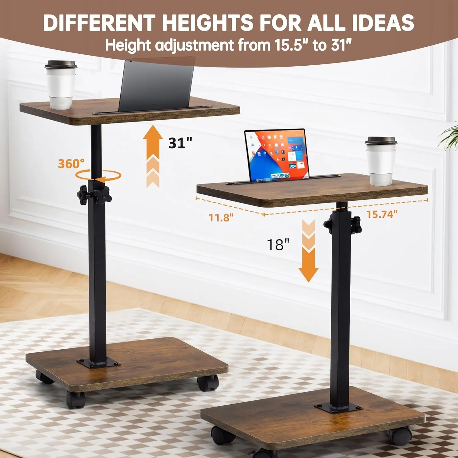 Aoligrace Couch Side Table with Wheels, 360°Swivel Height Adjustable TV Tray Table, C Shaped End Table for Living Room Bedroom Small Spaces, Sofa Arm Tray for Bed Chair with Phone & Tablet Slot