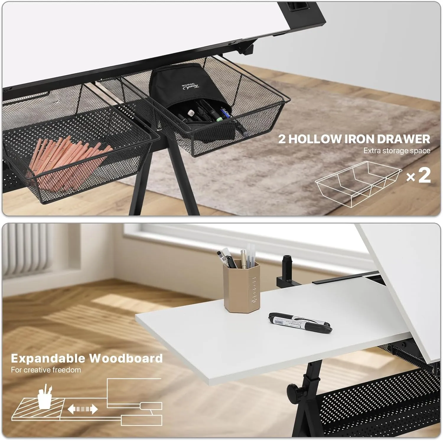 Athena Collection Drafting Table for Artists, Height Adjustable Drawing Table, Dual Desktop Art Desk Metal Frame Art Table Tiltable Craft Desk Paintings Work Station with Stool and Drawers, White
