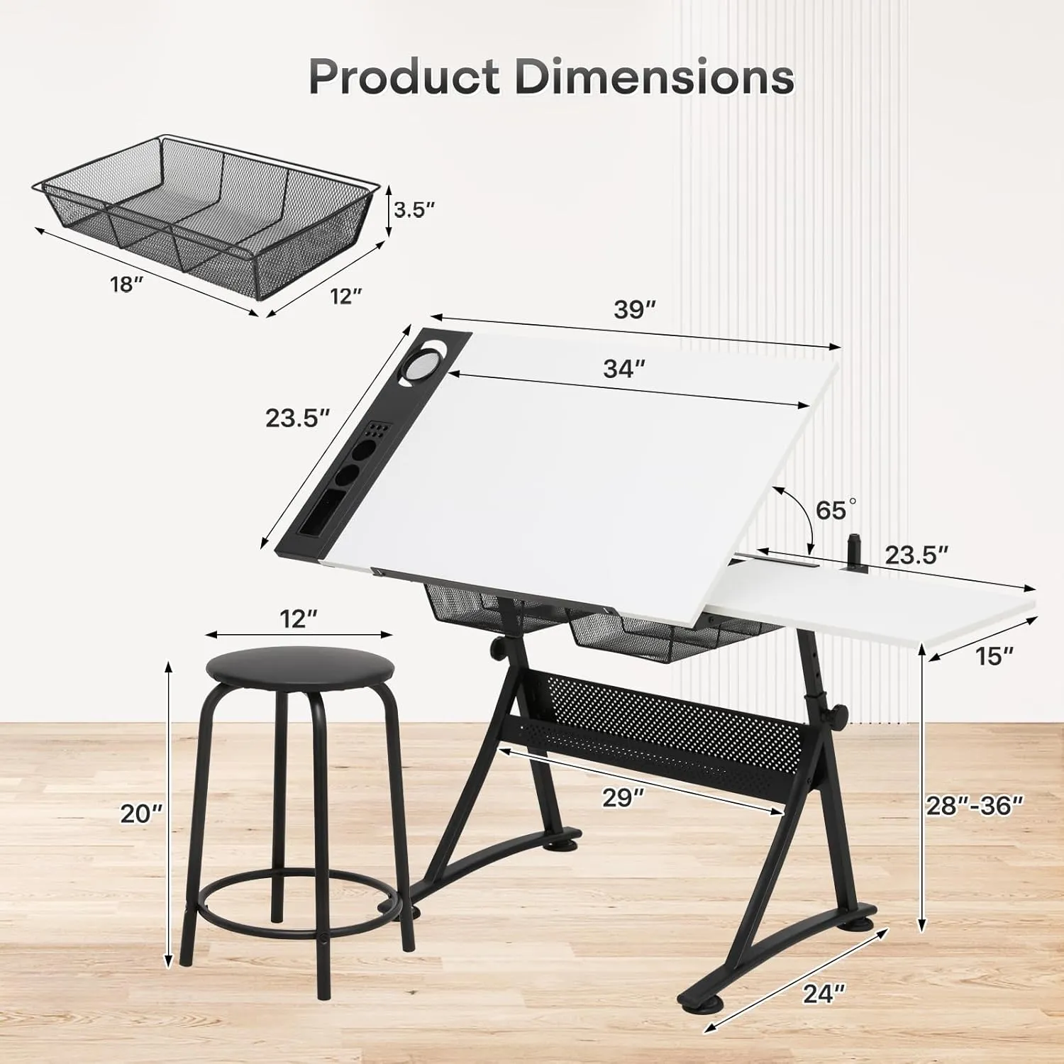 Athena Collection Drafting Table for Artists, Height Adjustable Drawing Table, Dual Desktop Art Desk Metal Frame Art Table Tiltable Craft Desk Paintings Work Station with Stool and Drawers, White