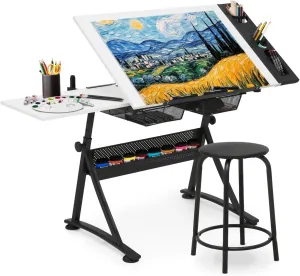Athena Collection Drafting Table for Artists, Height Adjustable Drawing Table, Dual Desktop Art Desk Metal Frame Art Table Tiltable Craft Desk Paintings Work Station with Stool and Drawers, White
