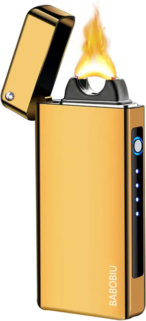 BABOBIU Electric Arc Lighter Rechargeable USB C Plasma Lighter Big Flame Lighter Electronic Candle Lighter Windproof Lighter with LED Battery Indication Lighters for Men, Women, Friends(Ice Gold)