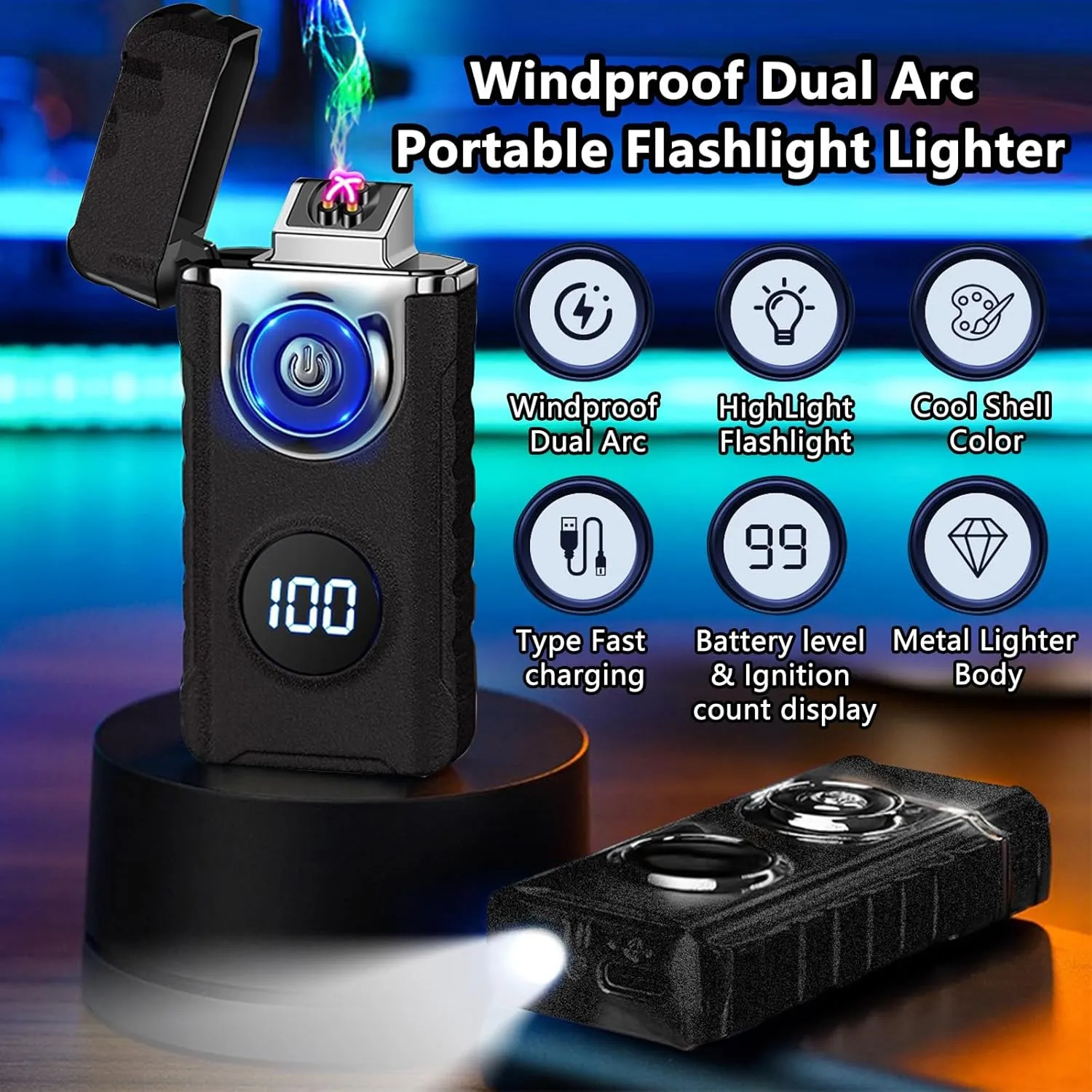 BABOBIU Electric Arc Lighter - Windproof, Flameless, Rechargeable (Type C USB) with Digital Power Display - Camping Lighter for Men, Partners, Friends (Frosted Black)