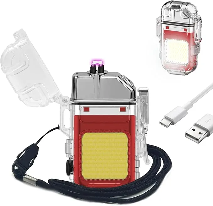 BABOBIU Electric Lighter Plasma Arc Lighter Windproof Waterproof USB Rechargeable Lighter Cool Lighter with Portable COB Flashlight Gift for Camping, Hiking, Adventure (Red)