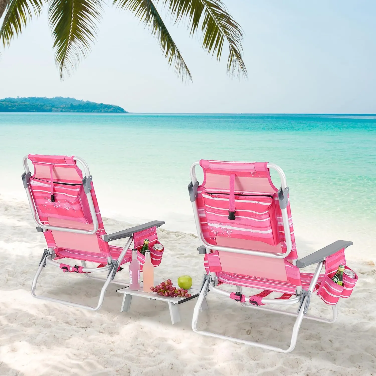 Backpack Beach Chair, 5 Position Adjustable Camping Chairs with Aluminum Table, Head Pillow, Cooler Bag, Cup Holders, Folding Beach Chairs for Adults (with Table, Pink Stripe)