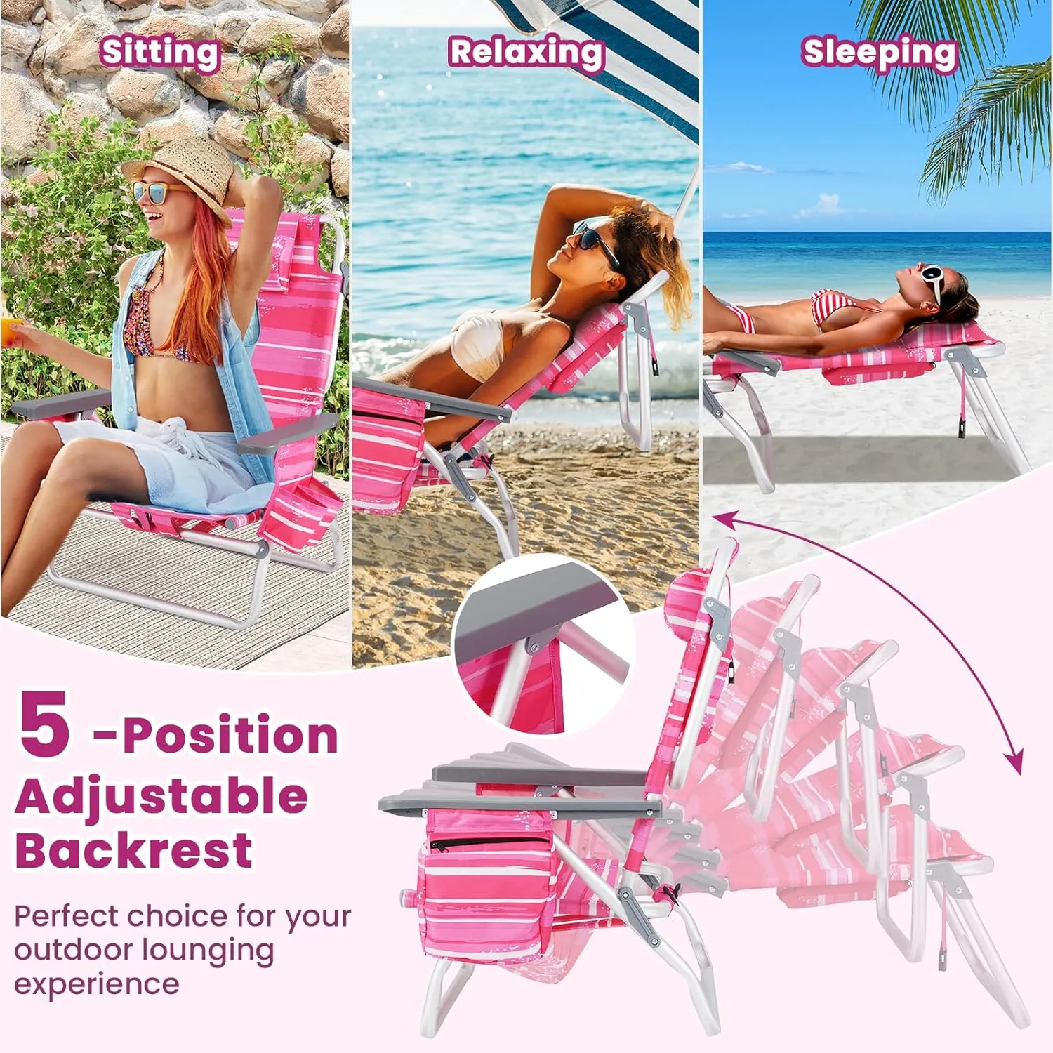 Backpack Beach Chair, 5 Position Adjustable Camping Chairs with Aluminum Table, Head Pillow, Cooler Bag, Cup Holders, Folding Beach Chairs for Adults (with Table, Pink Stripe)