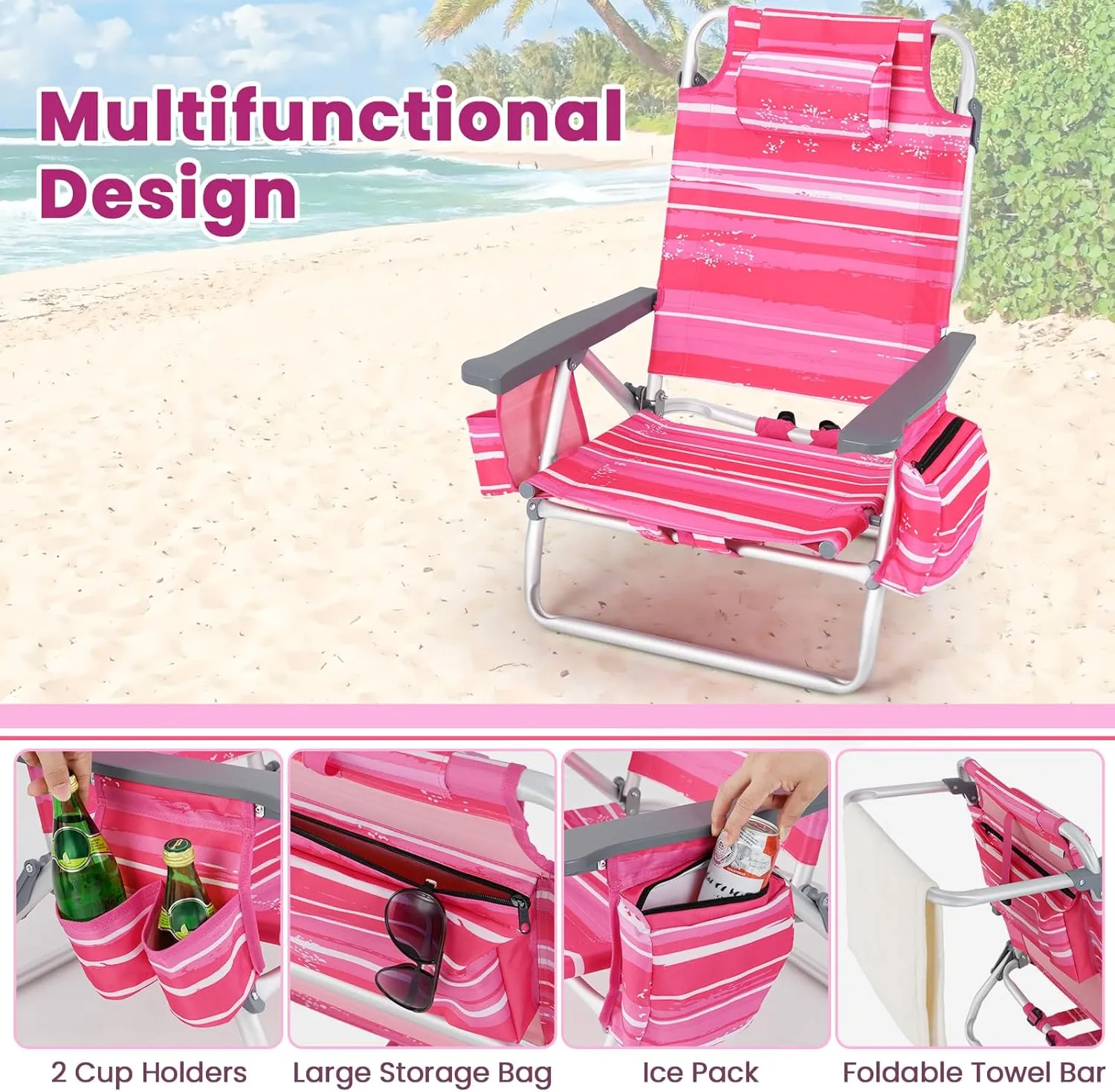 Backpack Beach Chair, 5 Position Adjustable Camping Chairs with Aluminum Table, Head Pillow, Cooler Bag, Cup Holders, Folding Beach Chairs for Adults (with Table, Pink Stripe)