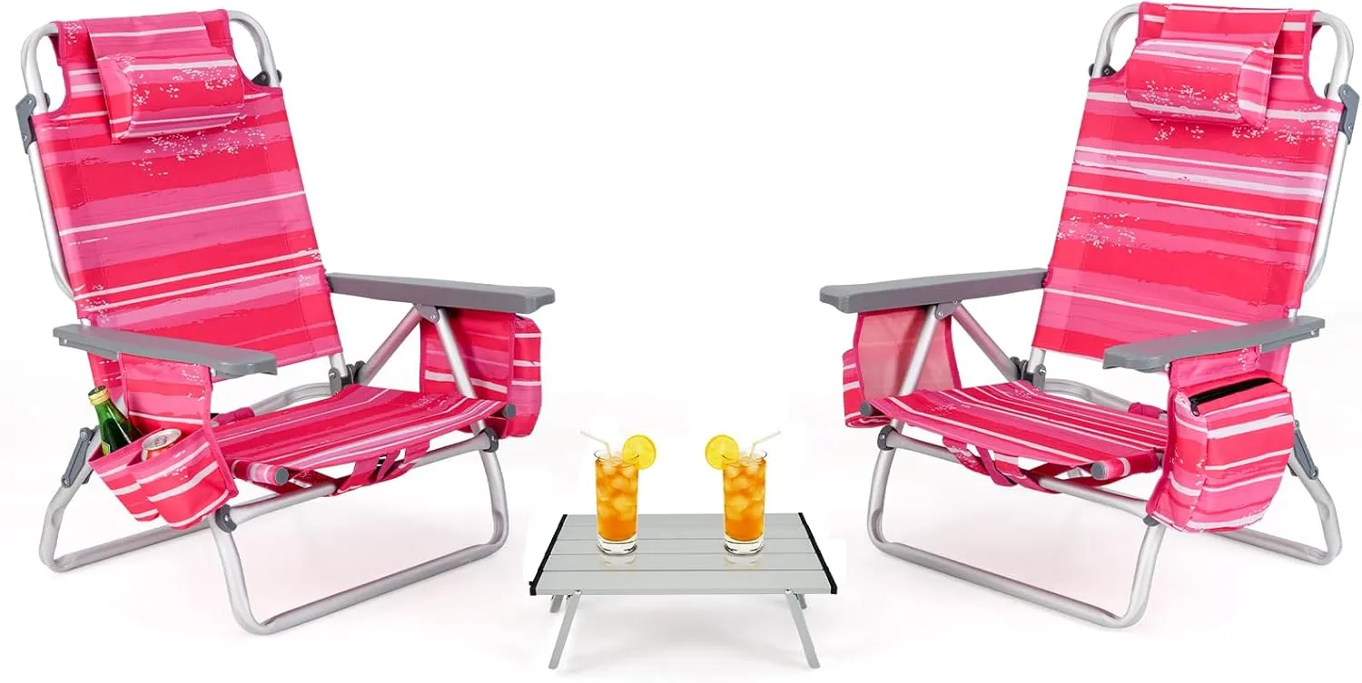 Backpack Beach Chair, 5 Position Adjustable Camping Chairs with Aluminum Table, Head Pillow, Cooler Bag, Cup Holders, Folding Beach Chairs for Adults (with Table, Pink Stripe)