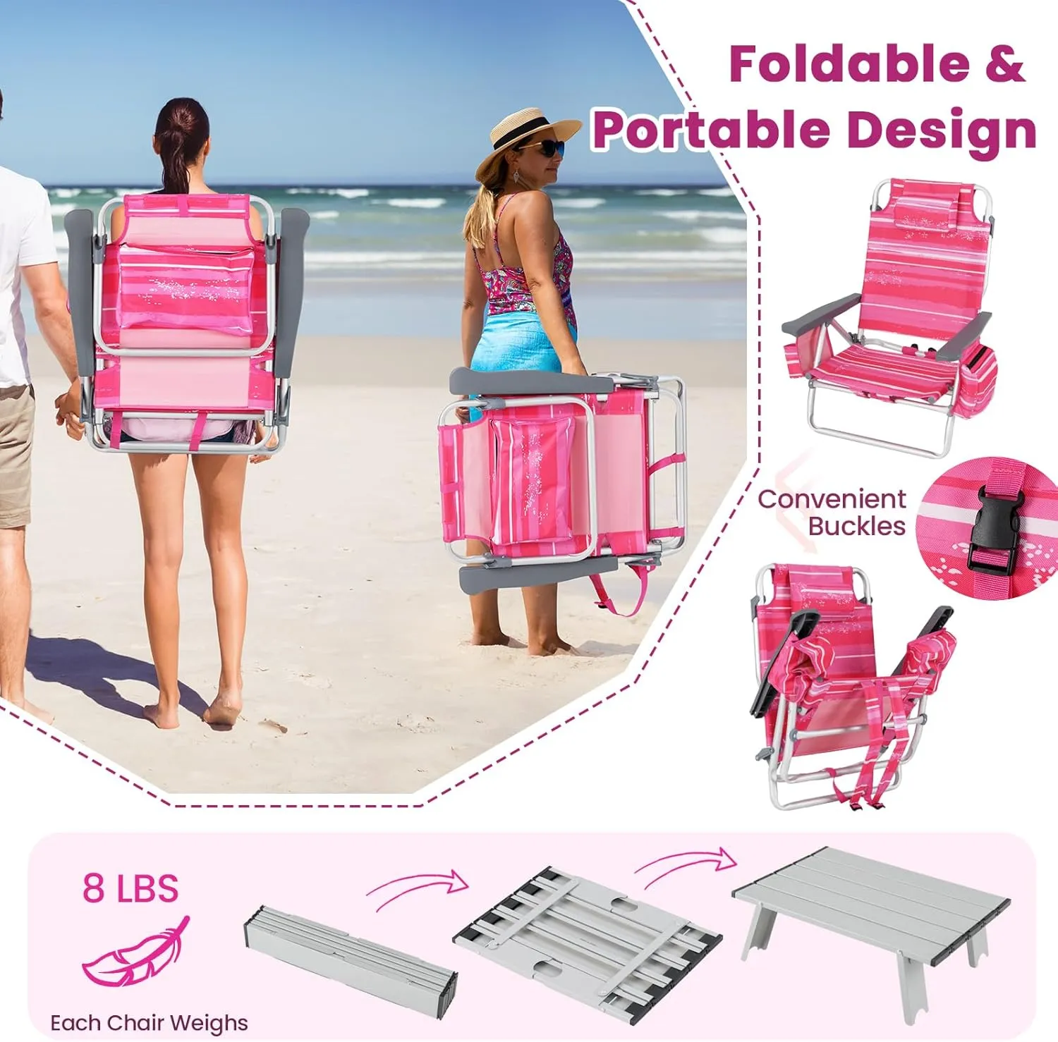Backpack Beach Chair, 5 Position Adjustable Camping Chairs with Aluminum Table, Head Pillow, Cooler Bag, Cup Holders, Folding Beach Chairs for Adults (with Table, Pink Stripe)
