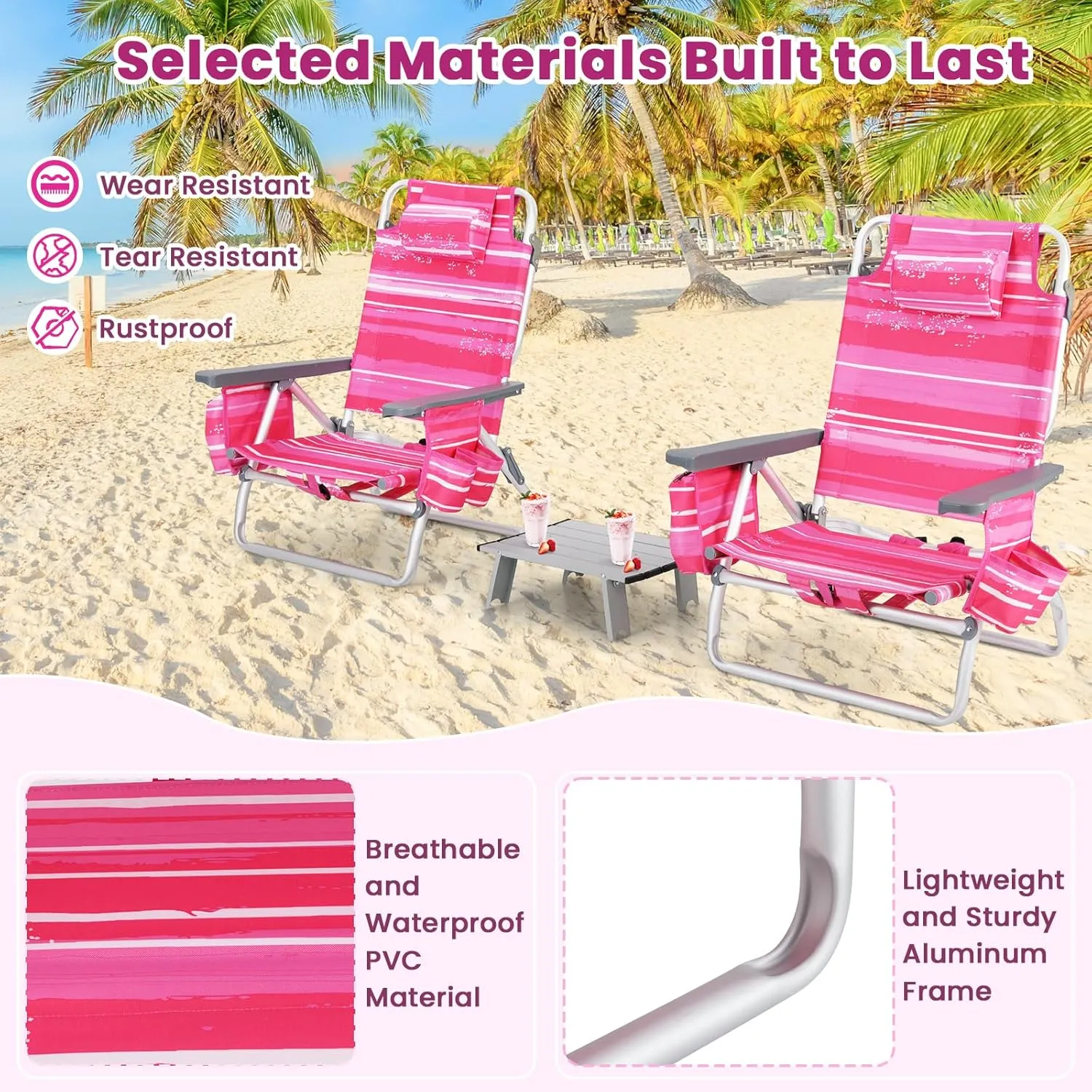 Backpack Beach Chair, 5 Position Adjustable Camping Chairs with Aluminum Table, Head Pillow, Cooler Bag, Cup Holders, Folding Beach Chairs for Adults (with Table, Pink Stripe)