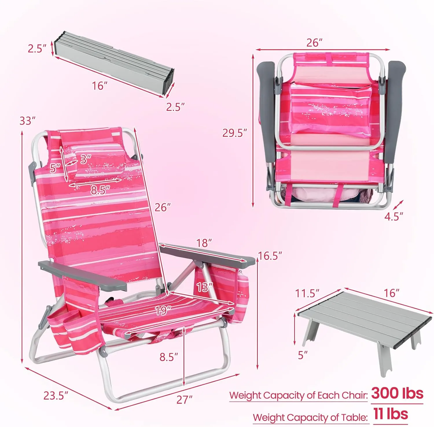 Backpack Beach Chair, 5 Position Adjustable Camping Chairs with Aluminum Table, Head Pillow, Cooler Bag, Cup Holders, Folding Beach Chairs for Adults (with Table, Pink Stripe)
