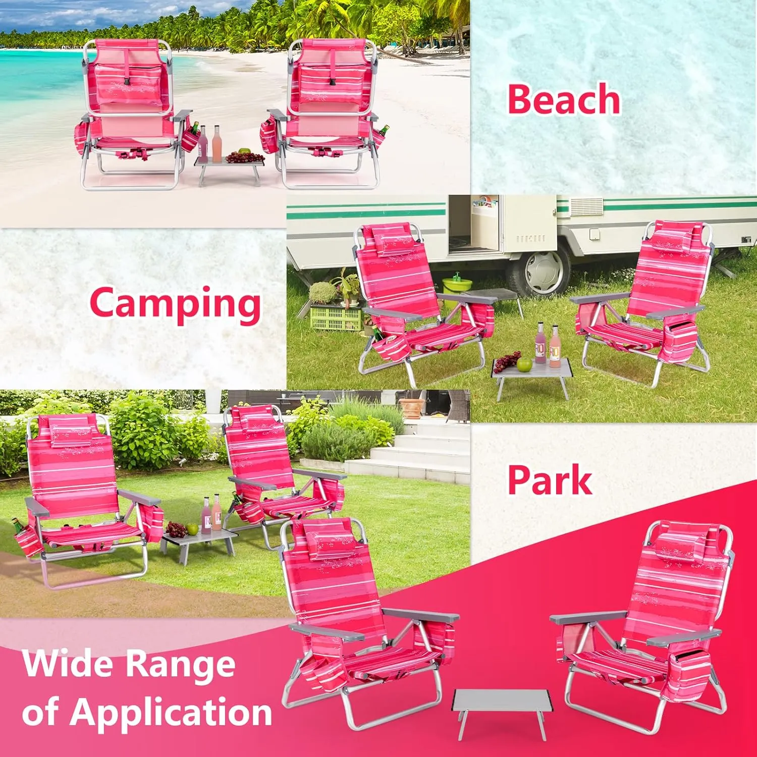 Backpack Beach Chair, 5 Position Adjustable Camping Chairs with Aluminum Table, Head Pillow, Cooler Bag, Cup Holders, Folding Beach Chairs for Adults (with Table, Pink Stripe)