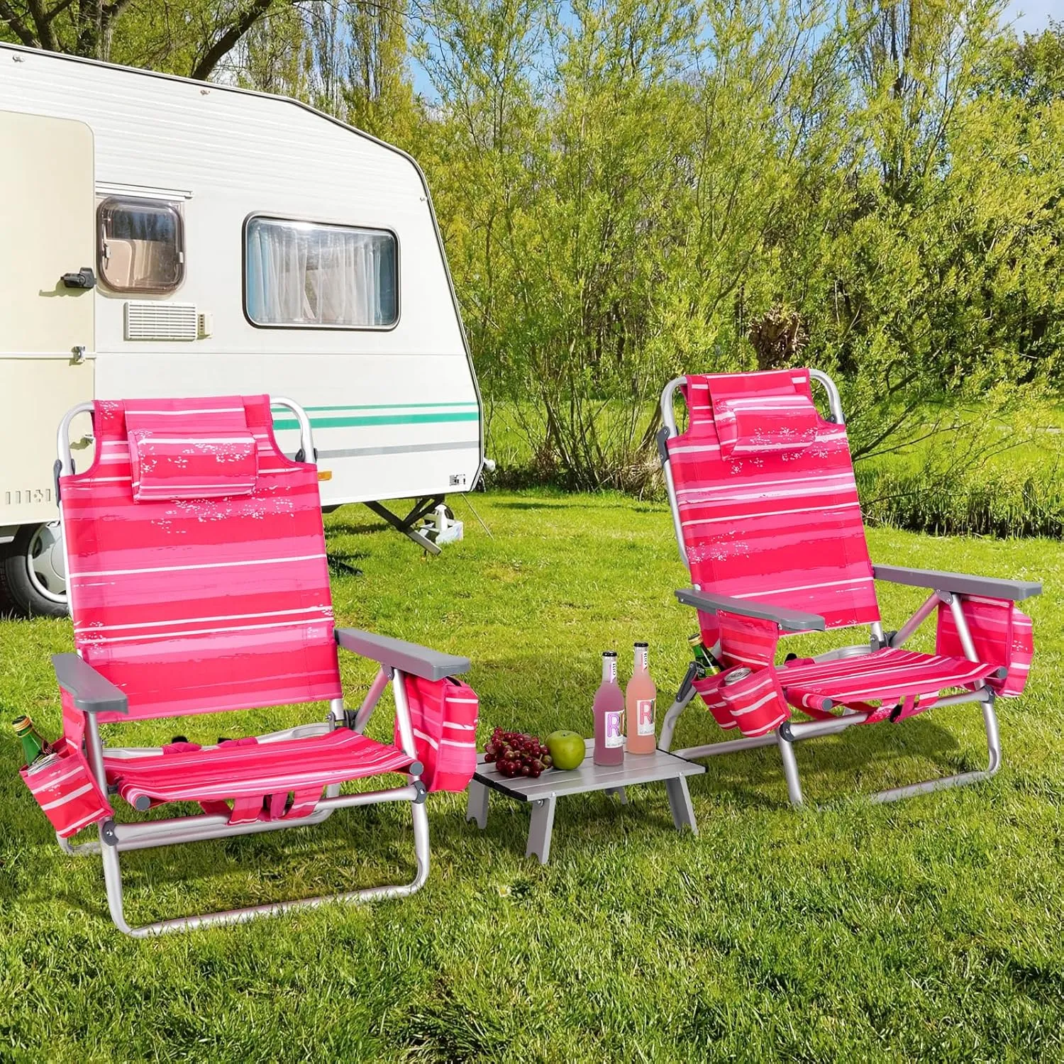 Backpack Beach Chair, 5 Position Adjustable Camping Chairs with Aluminum Table, Head Pillow, Cooler Bag, Cup Holders, Folding Beach Chairs for Adults (with Table, Pink Stripe)