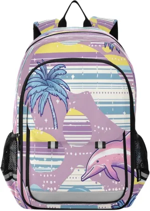 Backpack Bookbag School Bag Travel Bag Pink Plam Tree with Jump Dolphin for Girls Boys Teen