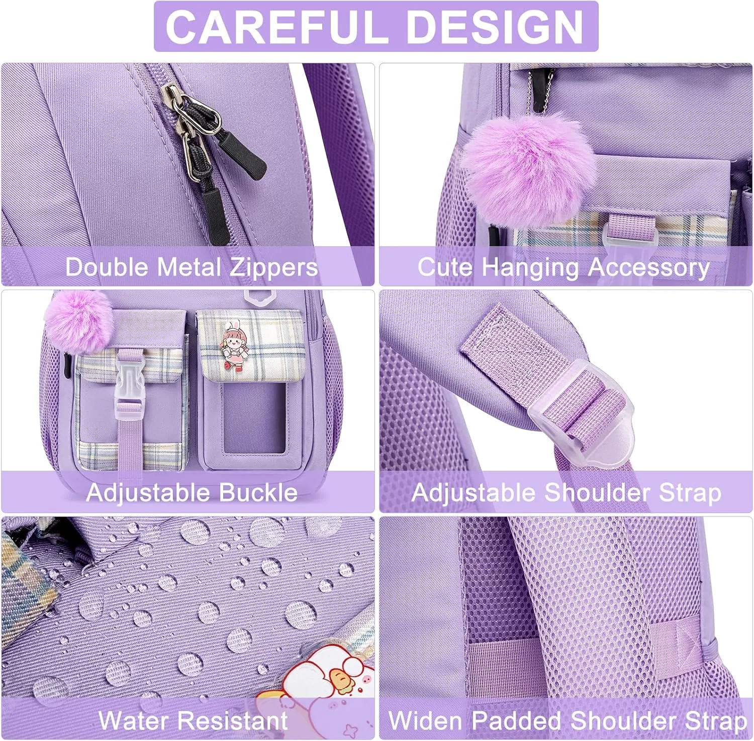 Backpack for Girls, Cute Backpacks for School, Kawaii Laptop School Bookbag, Fashion Students Kids Elementary Backpack Fit 15.6 Inch Laptop, Purple