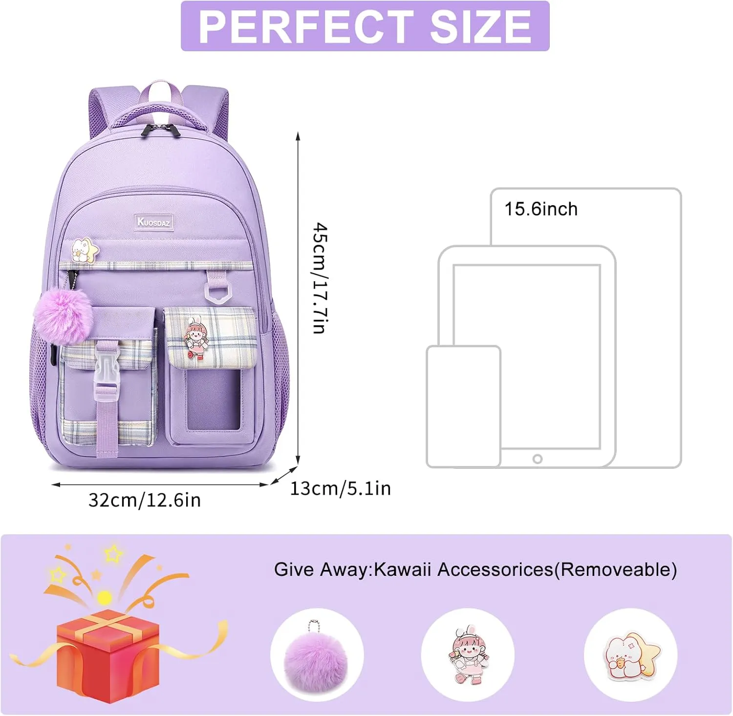Backpack for Girls, Cute Backpacks for School, Kawaii Laptop School Bookbag, Fashion Students Kids Elementary Backpack Fit 15.6 Inch Laptop, Purple