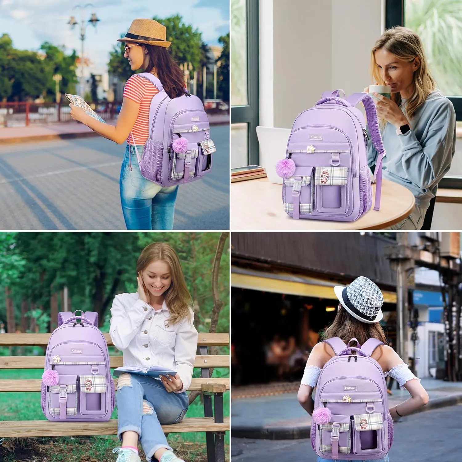 Backpack for Girls, Cute Backpacks for School, Kawaii Laptop School Bookbag, Fashion Students Kids Elementary Backpack Fit 15.6 Inch Laptop, Purple