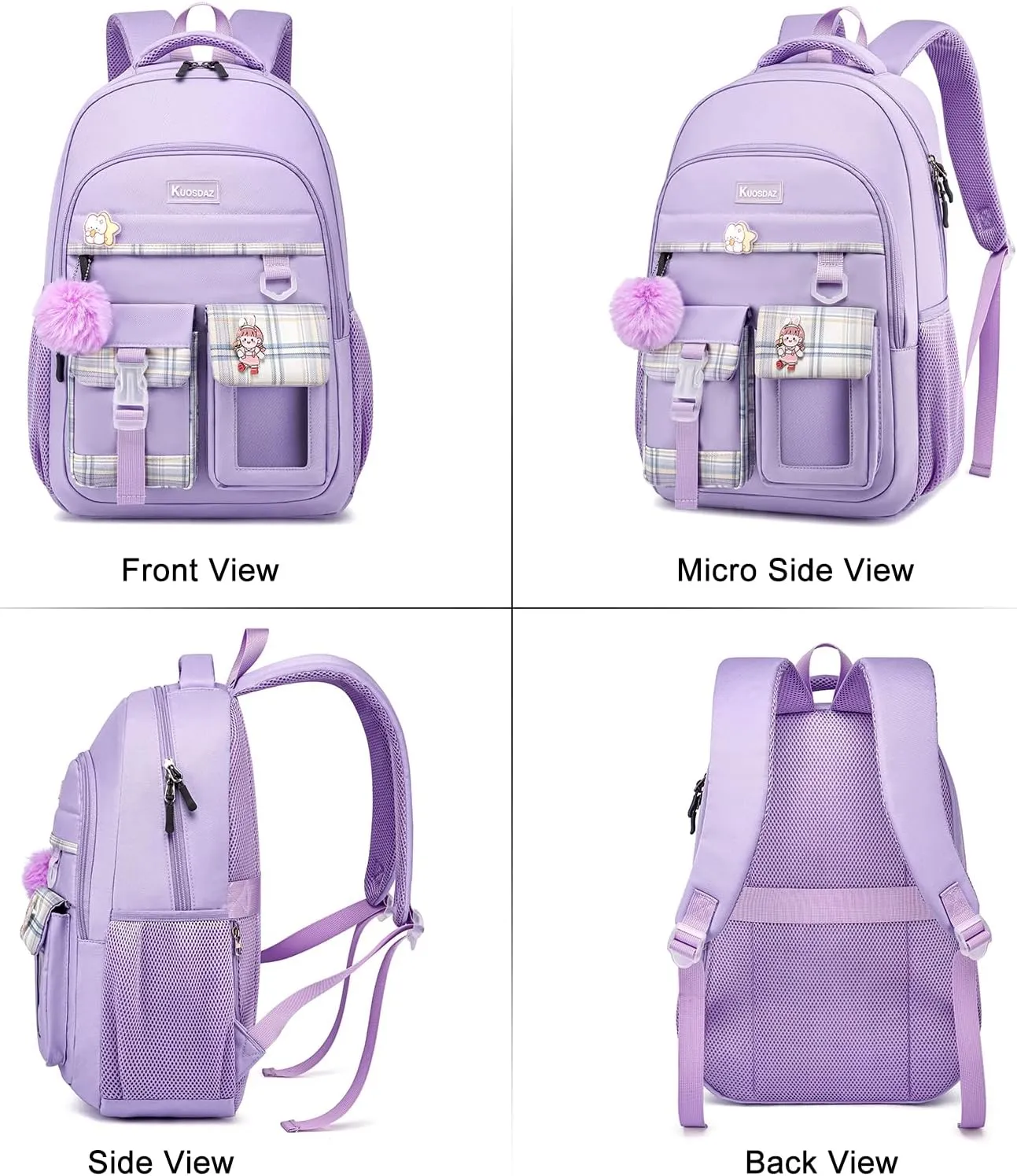 Backpack for Girls, Cute Backpacks for School, Kawaii Laptop School Bookbag, Fashion Students Kids Elementary Backpack Fit 15.6 Inch Laptop, Purple