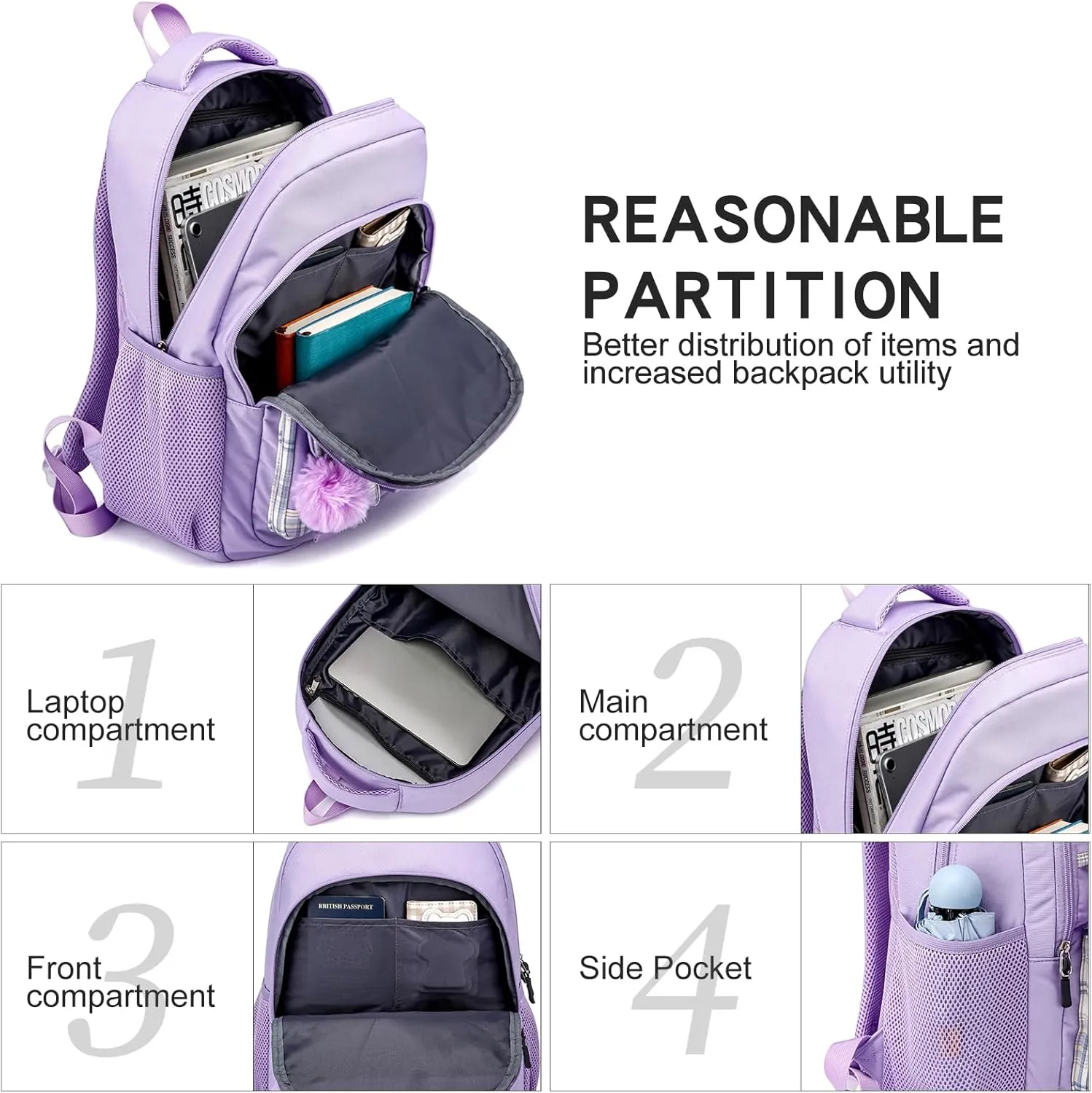 Backpack for Girls, Cute Backpacks for School, Kawaii Laptop School Bookbag, Fashion Students Kids Elementary Backpack Fit 15.6 Inch Laptop, Purple
