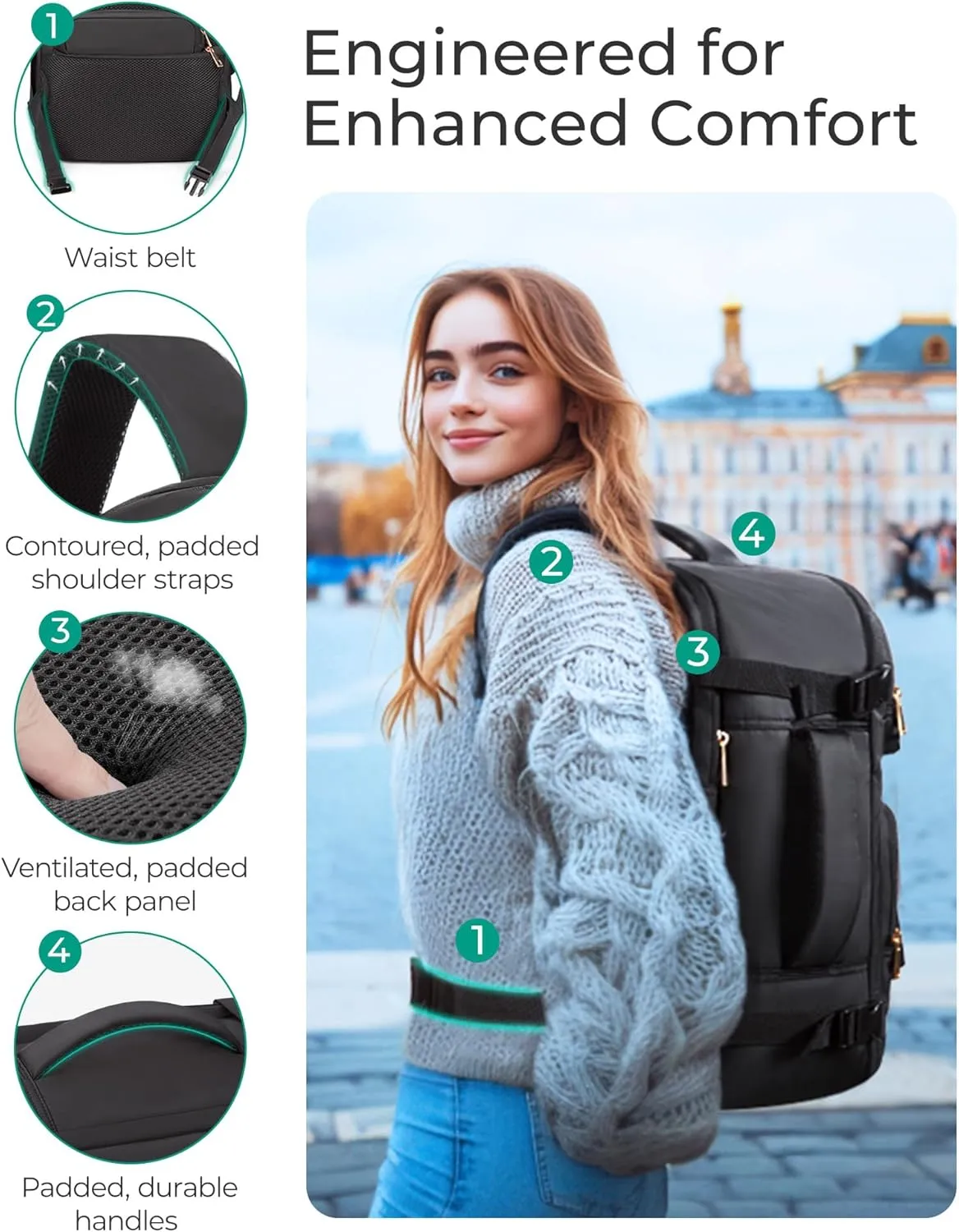 BAGSMART Womens Backpack Carry On Flight Approved, Travel Backpack for Women with Waist Bag, Traveling Lightweight Weekender Casual Daypack 17.3" Laptop Work Back pack Personal Item Travel Bag, Black