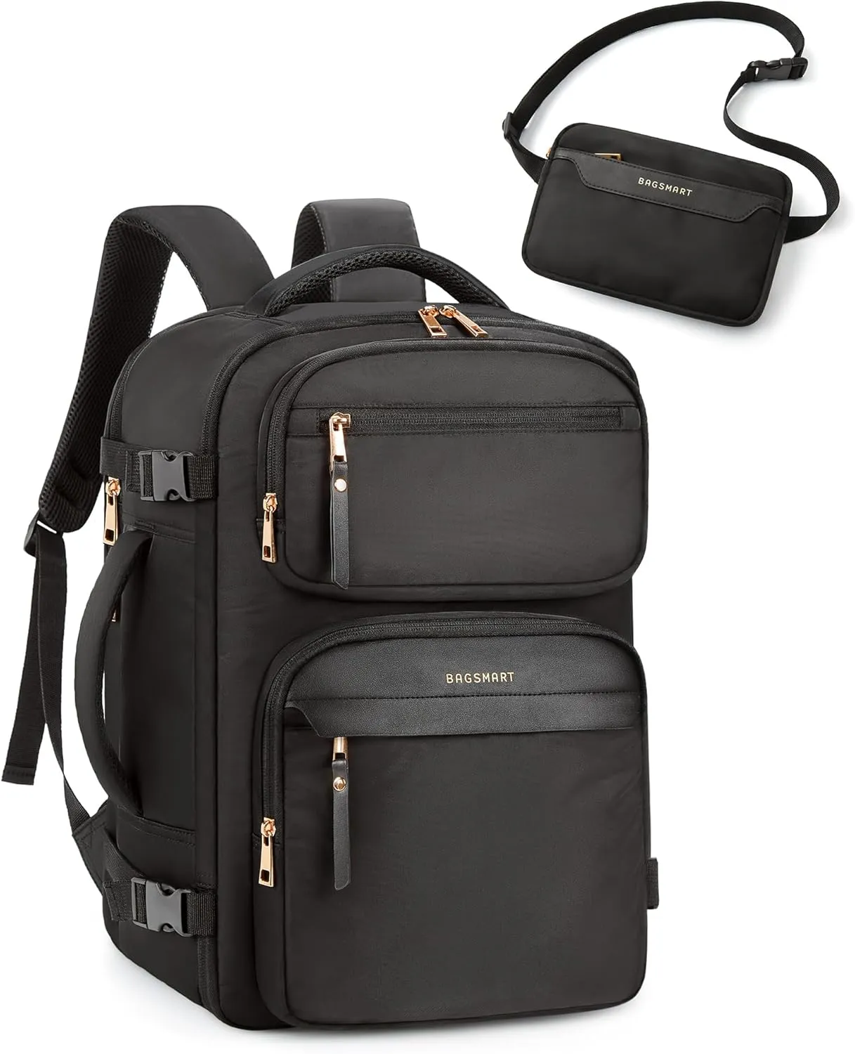 BAGSMART Womens Backpack Carry On Flight Approved, Travel Backpack for Women with Waist Bag, Traveling Lightweight Weekender Casual Daypack 17.3" Laptop Work Back pack Personal Item Travel Bag, Black