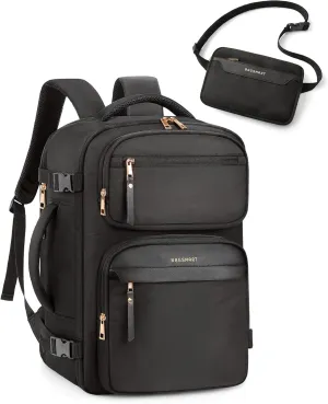 BAGSMART Womens Backpack Carry On Flight Approved, Travel Backpack for Women with Waist Bag, Traveling Lightweight Weekender Casual Daypack 17.3" Laptop Work Back pack Personal Item Travel Bag, Black