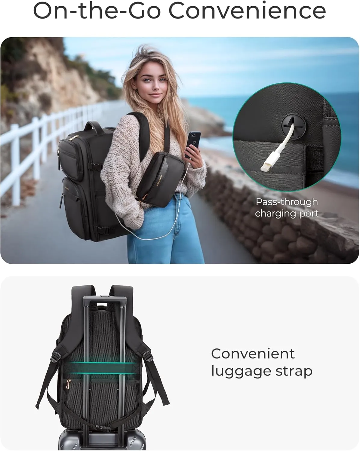 BAGSMART Womens Backpack Carry On Flight Approved, Travel Backpack for Women with Waist Bag, Traveling Lightweight Weekender Casual Daypack 17.3" Laptop Work Back pack Personal Item Travel Bag, Black