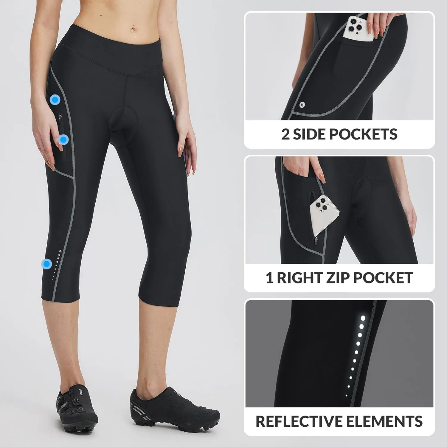 baleaf Women's Padded Bike Pants High Waist Cycling Shorts 3/4 Bicycle Capris Legging Zipper Pockets UPF 50 