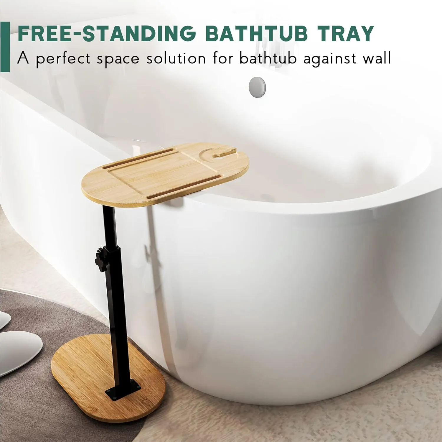Bamboo Bathtub Tray Table with Adjustable Height, Freestanding Bath Caddy Tray for Tub Against Wall, Bathtub Side Table for Luxury Bath Home Spa Homewarming - Patent Protected (Natural)