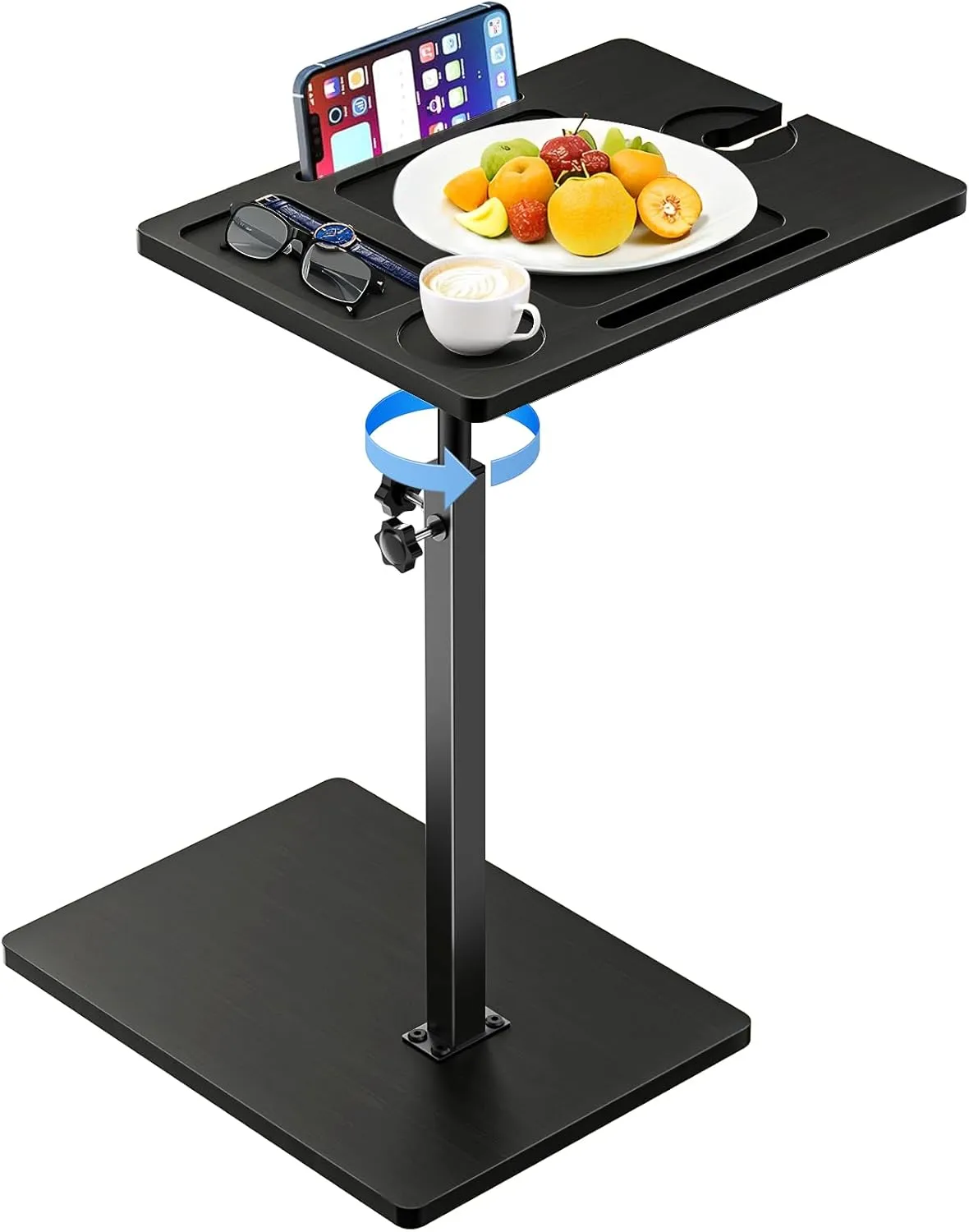Bamboo C Table End Table Adjustable Height, 360°Swivel TV Tray for Couch, Snack Side Tables with Phone ＆ Tablet Slot, C Shaped Couch Table for Small Place/Bathtub/Recliner/Bed/Sofa (Black)