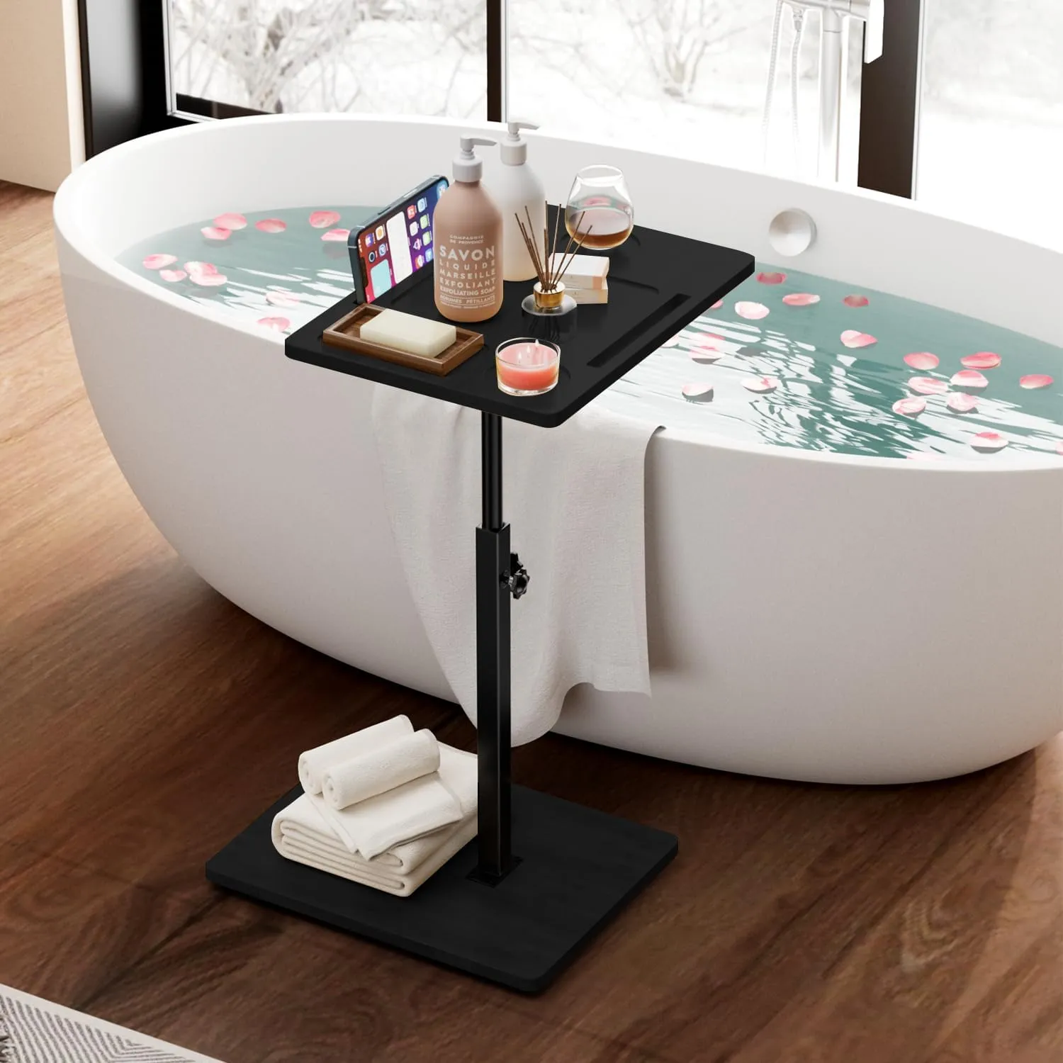 Bamboo C Table End Table Adjustable Height, 360°Swivel TV Tray for Couch, Snack Side Tables with Phone ＆ Tablet Slot, C Shaped Couch Table for Small Place/Bathtub/Recliner/Bed/Sofa (Black)