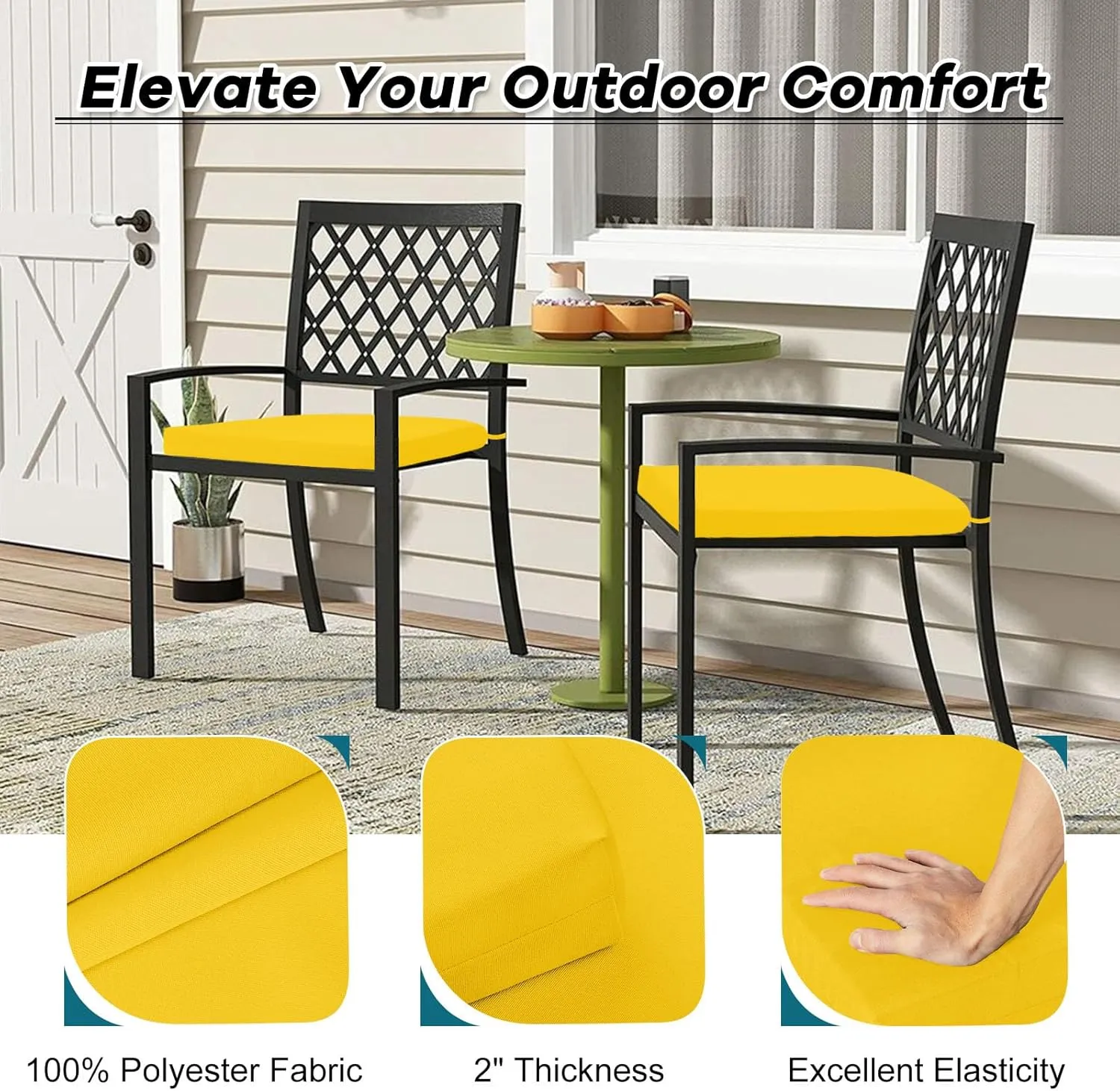 Basic Beyond Outdoor Chair Cushions Set of 4, Outdoor Cushions for Patio Furniture, Water Resistant Patio Chair Cushions with 2 Ties, 17x16x2, Yellow
