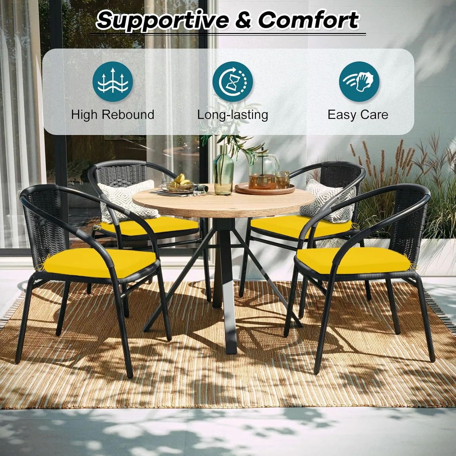 Basic Beyond Outdoor Chair Cushions Set of 4, Outdoor Cushions for Patio Furniture, Water Resistant Patio Chair Cushions with 2 Ties, 17x16x2, Yellow
