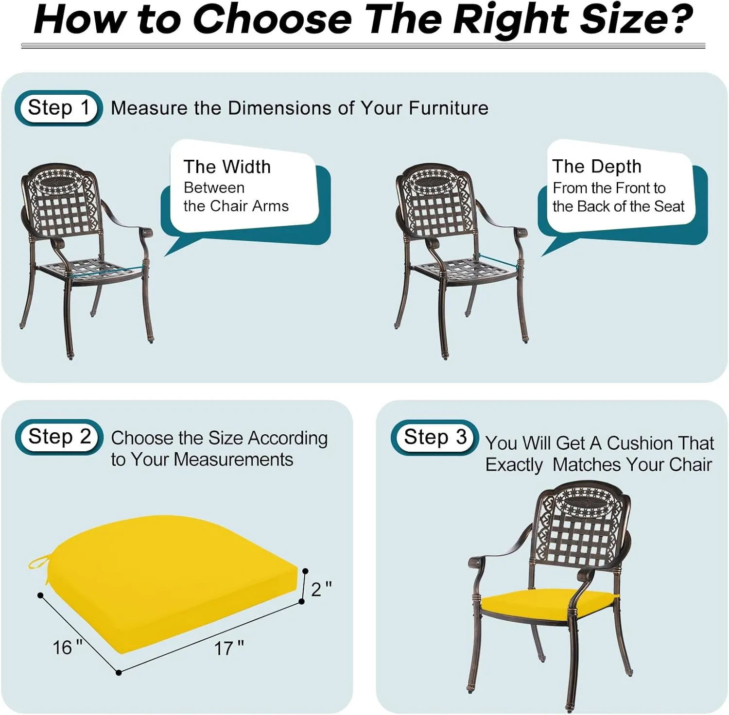 Basic Beyond Outdoor Chair Cushions Set of 4, Outdoor Cushions for Patio Furniture, Water Resistant Patio Chair Cushions with 2 Ties, 17x16x2, Yellow