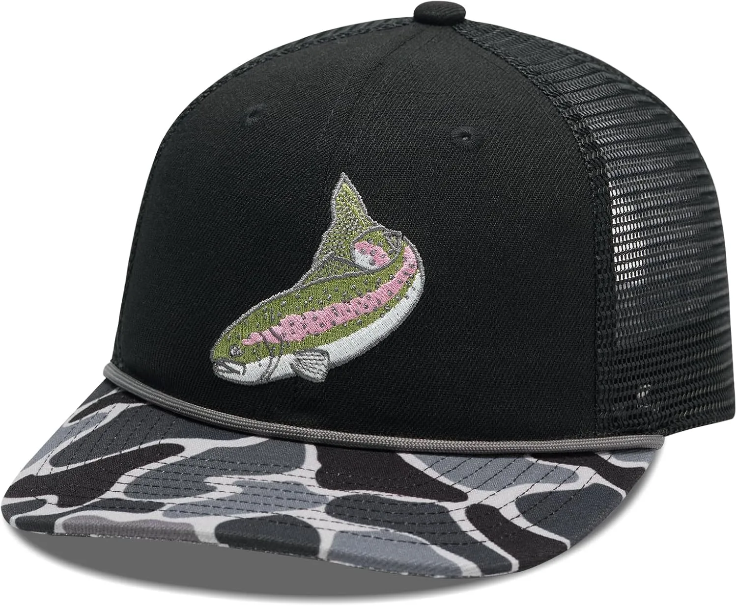 BASSDASH Camo Rope Trucker Hat Adjustable Embroidered Baseball Cap Mesh Back for Duck Deer Hunting Fly Fishing Camping