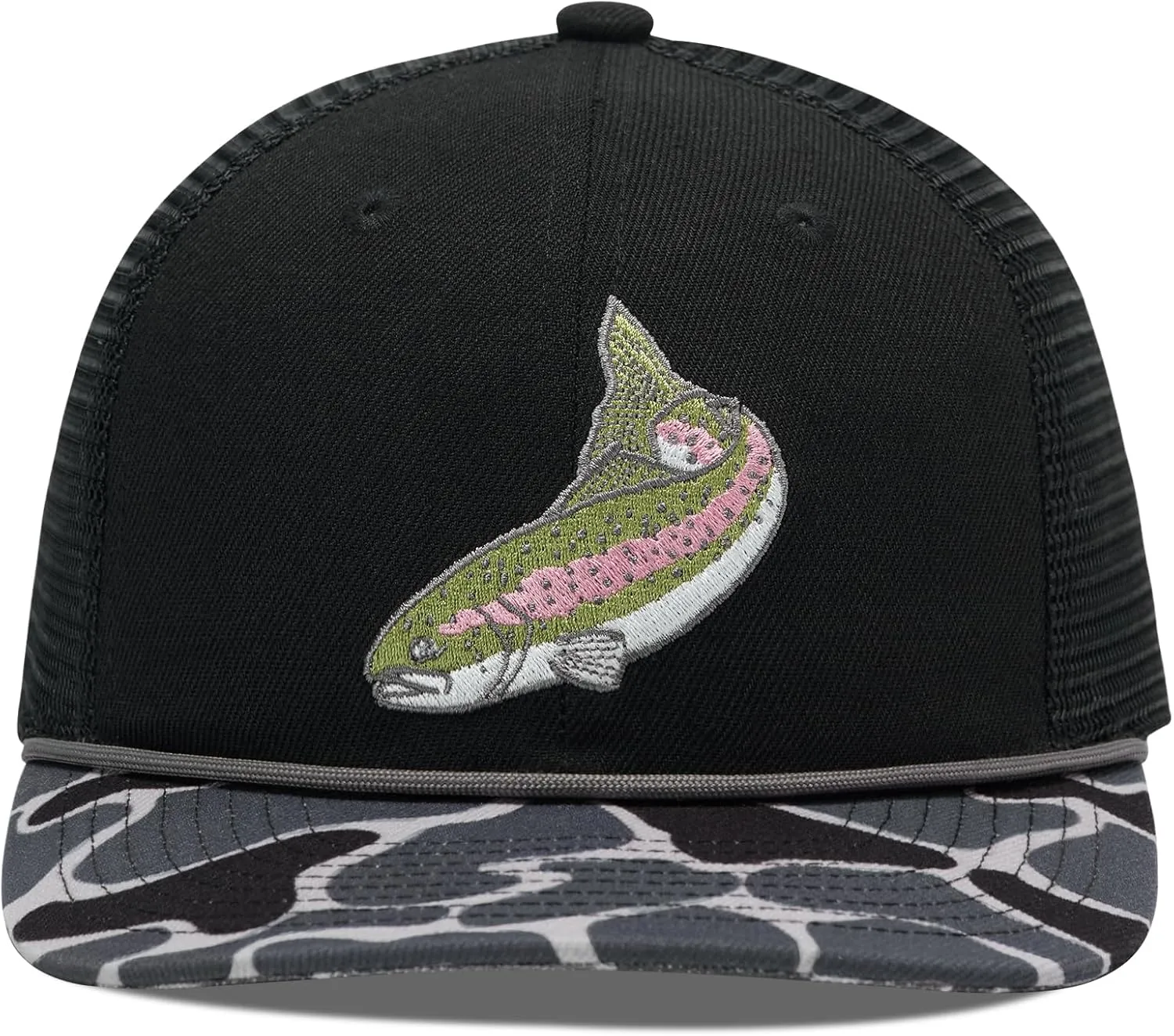 BASSDASH Camo Rope Trucker Hat Adjustable Embroidered Baseball Cap Mesh Back for Duck Deer Hunting Fly Fishing Camping