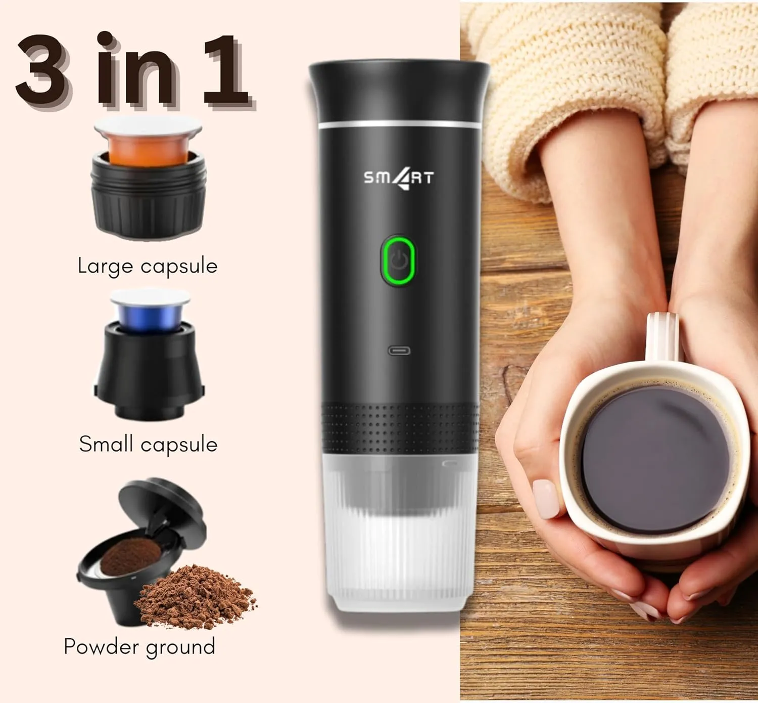 Battery Operated Coffee Maker, 3 in 1 Portable Coffee Maker, 12v Coffee Maker for Car, Cafetera Portable, USB Espresso, Travel Espresso Maker, NS Capsule, Dolce Gusto, Ground Powder (White)