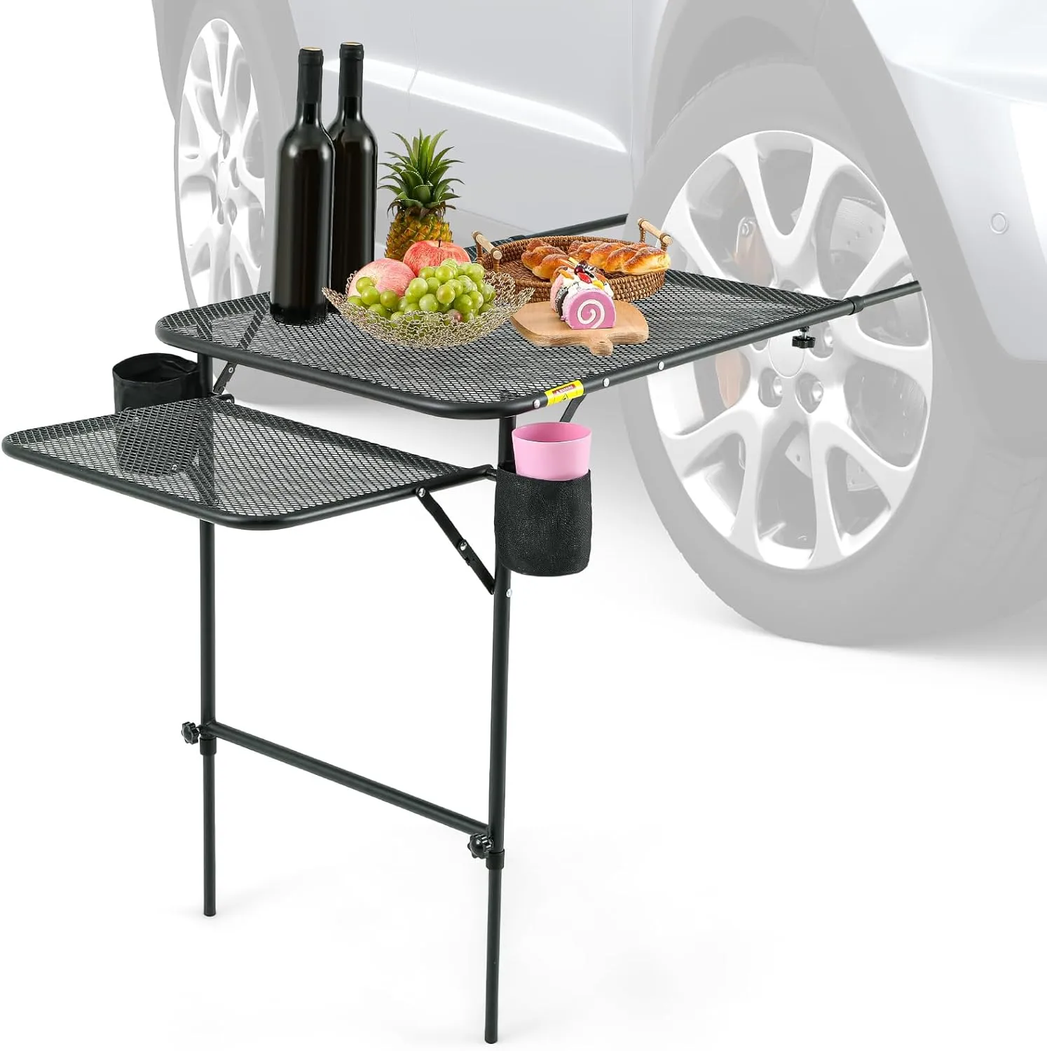 BBTO Camping Tire Mounted Table Portable Foldable Tailgate Table with 2 Cup Holders Adjustable Height & Length Car Desk, for Outdoor, Picnic, Beach, Travel, Camp