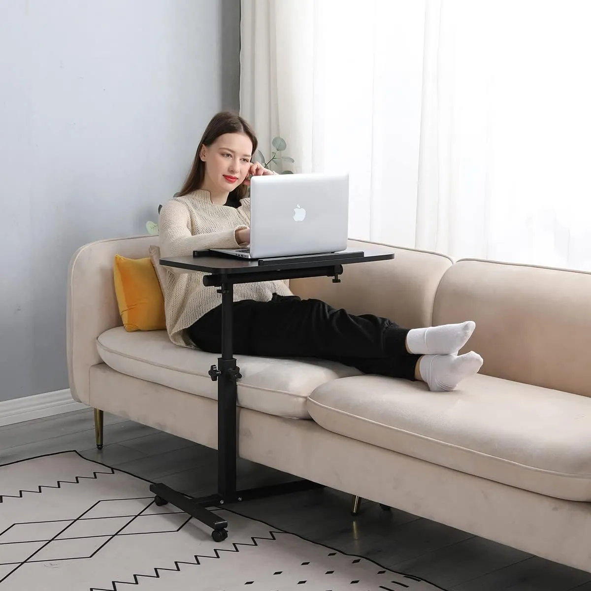 Bed Desk Adjustable Overbed Bedside Table Rolling Laptop Tray Desk Cart Height Portable Mobile Sit Stand Table Tilting Hospital Bed with Wheels